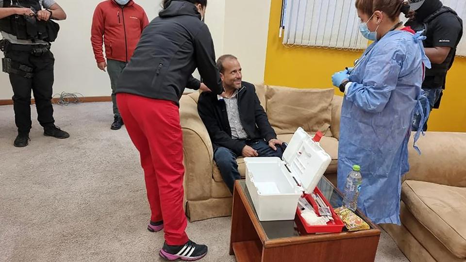 Government handout photo shows Camacho at the headquarters of Special Forces for Fight against Crime in El Alto, Bolivia, following his arrest in Santa Cruz.