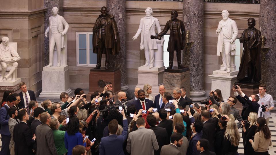 Republican rebels and others talk to reporters in Statuary Hall after switching their support for Speaker of House to Kevin McCarthy (R-CA) on fourth day of voting.