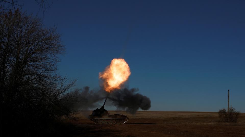 Ukrainian army, of the 43rd Heavy Artillery Brigade fire a German howitzer Panzerhaubitze 2000 near Soledar.