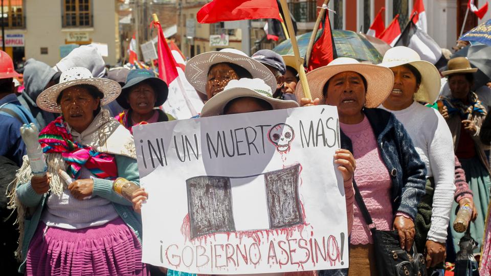 Residents hold a protest against the government of President Dina Boluarte and to demand her resignation, in Puno, Peru.