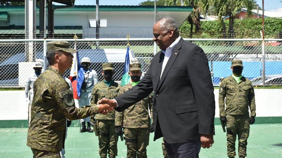 US Secretary of Defence Lloyd Austin with southern Philippines military commander Lt Gen Roy Galido (L) in Zamboanga, a major city in the southern island of Mindanao.