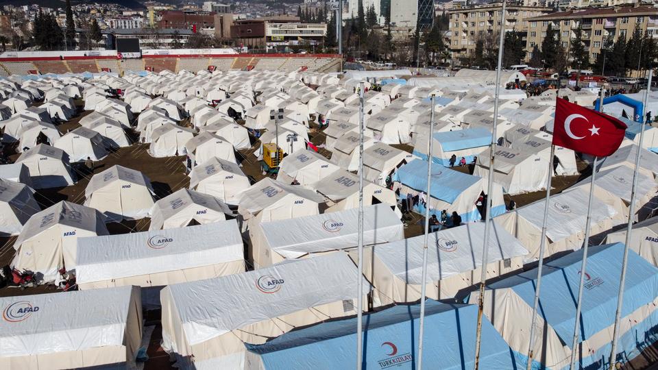 In Subat Stadium of southern Kahramanmaras province, tents have been set up for earthquake victims.