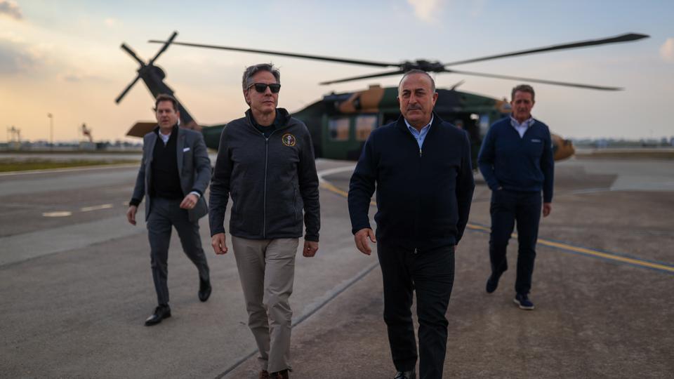 Blinken toured one of Türkiye’s hardest-hit provinces Hatay from the air with Turkish Foreign Minister Mevlut Cavusoglu.