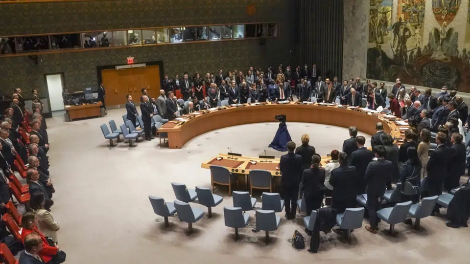 UNSC members stand for a moment of silence at the urging of Ukraine FM Dmytro Kuleba after his address to the Council at UN headquarters.