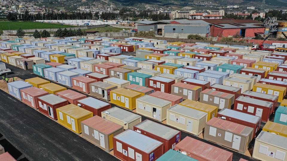 An aerial view of containers, each consisting of bedroom and bathroom, in Hatay, Türkiye.