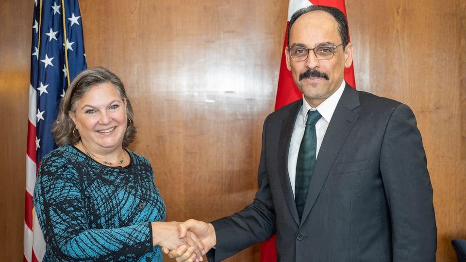 Presidential spokesperson Ibrahim Kalin [R] meets with US undersecretary of state for political affairs Victoria Nuland as part of Kalin's Washington visit.