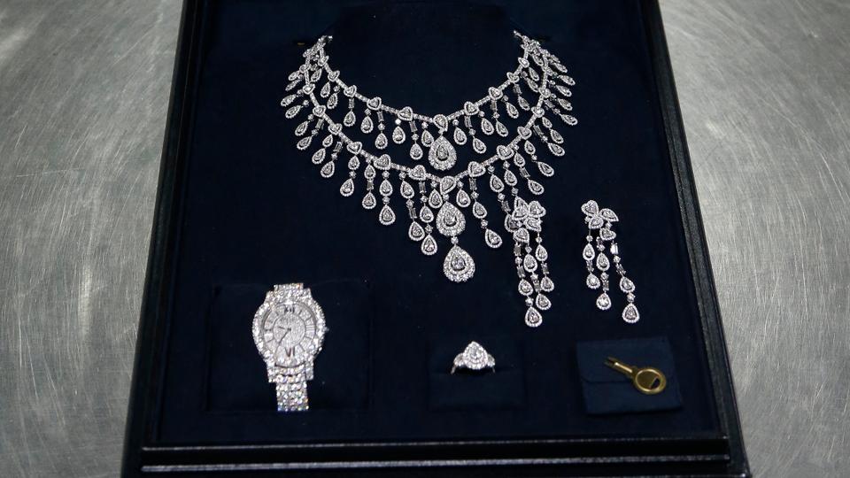 Jewelry gifted to ex-president Jair Bolsonaro and ex-first lady Michelle Bolsonaro by Saudi government and seized by customs officials is displayed at Guarulhos International Airport in Sao Paulo.