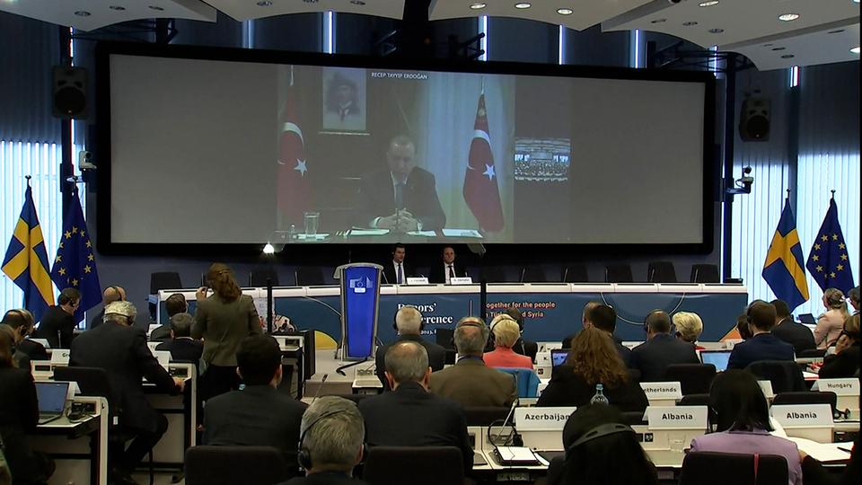 Turkish President Erdogan attends International Donors Conference via live link from Presidential Complex in Ankara.