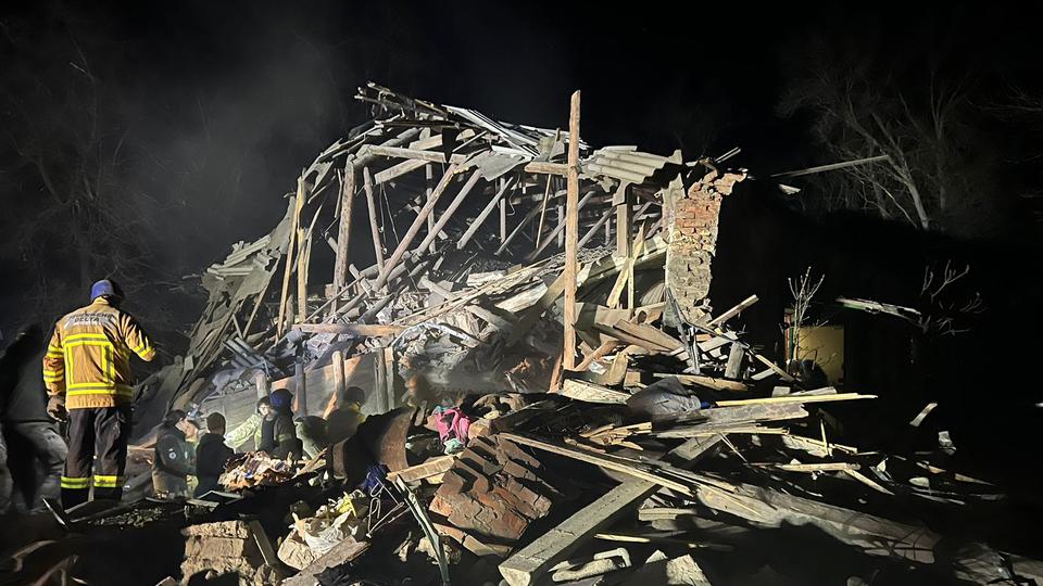 Ukraine's emergency services published images showing a one-storey building with its roof caved in as a result of a Russian missile strike in Kostyantynivka, Donetsk region.