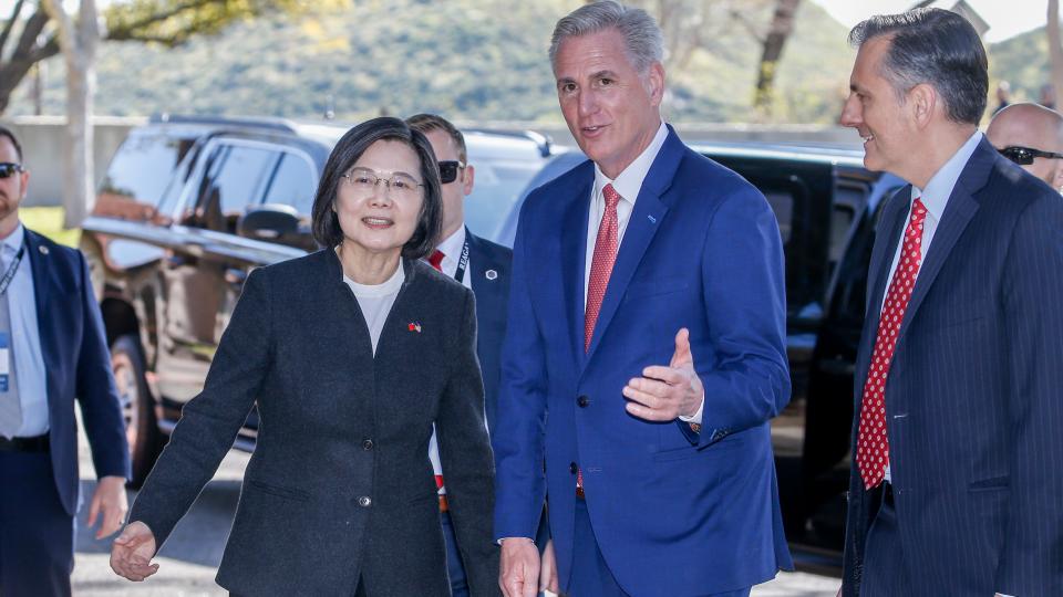 McCarthy welcomes Taiwan's Tsai Ing-wen as she arrives at the Ronald Reagan Presidential Library in Simi Valley.