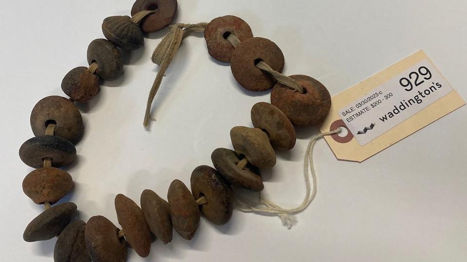 This handout picture released by Peru shows a bracelet from the pre-Hispanic Chancay culture offered in a virtual auction by a Canadian company.