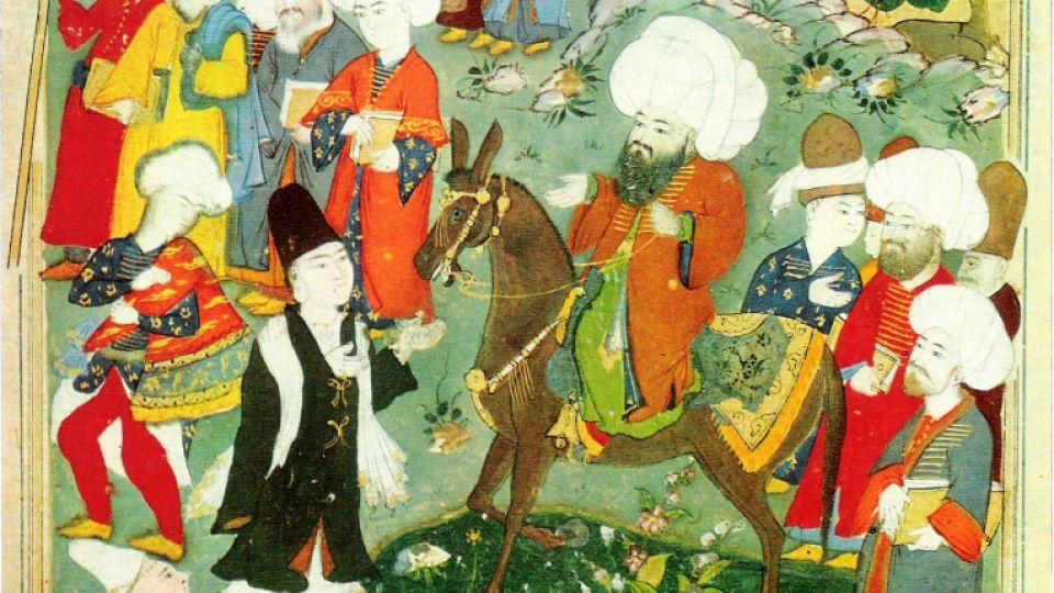 An Ottoman era manuscript portraying Rumi meeting with Shams Tabrizi.