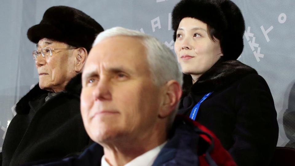 US Vice President Mike Pence, North Korea's nominal head of state Kim Yong-nam and North Korean leader Kim Jong-un's younger sister Kim Yo-jong attend the Winter Olympics opening ceremony in Pyeongchang, South Korea. February 9, 2018.