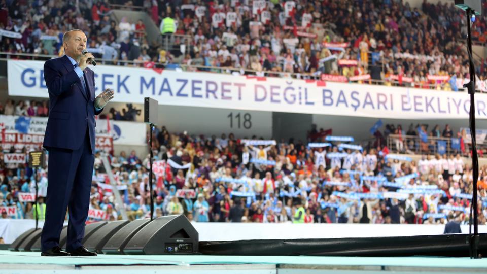 Turkey's President Recep Tayyip Erdogan addressing AK Party congress in Ankara on August 4, 2018.