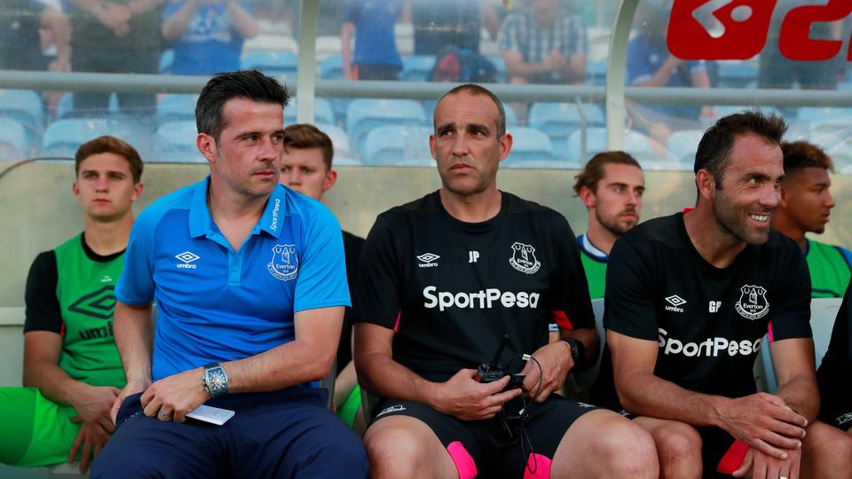 Everton manager Marco Silva (L) and assistant manager Joao Pedro Sousa (C).