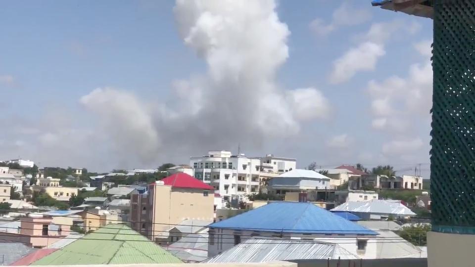 Smoke rises from the site of a blast in Mogadishu, Somalia, September 2, 2018 in this still image obtained from a social media video.