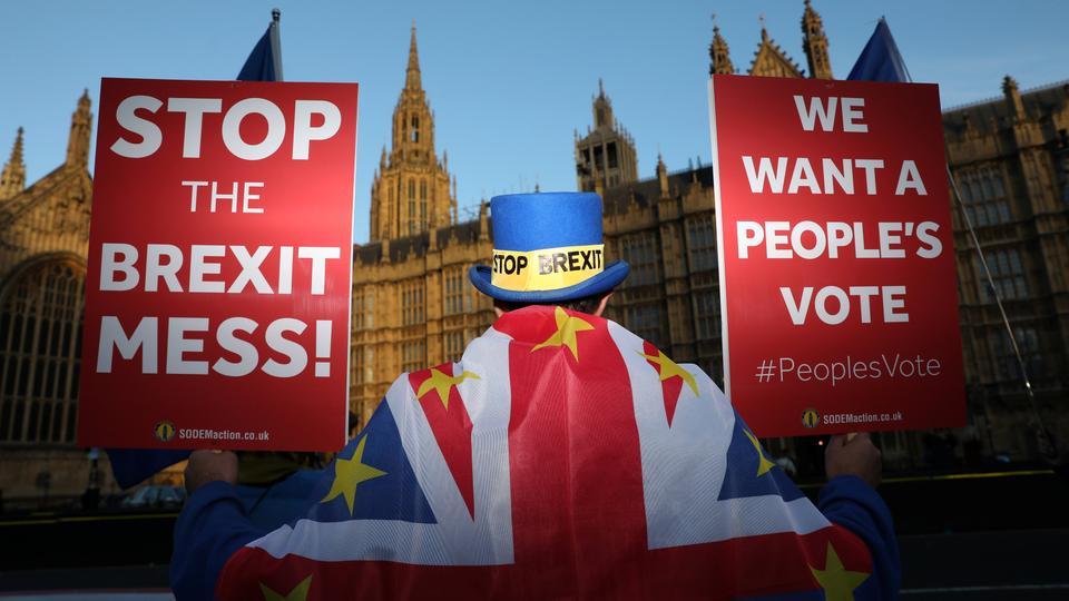 An anti-Brexit demonstrator holds placards opposite the Houses of Parliament, in London, Britain, November 13, 2018.