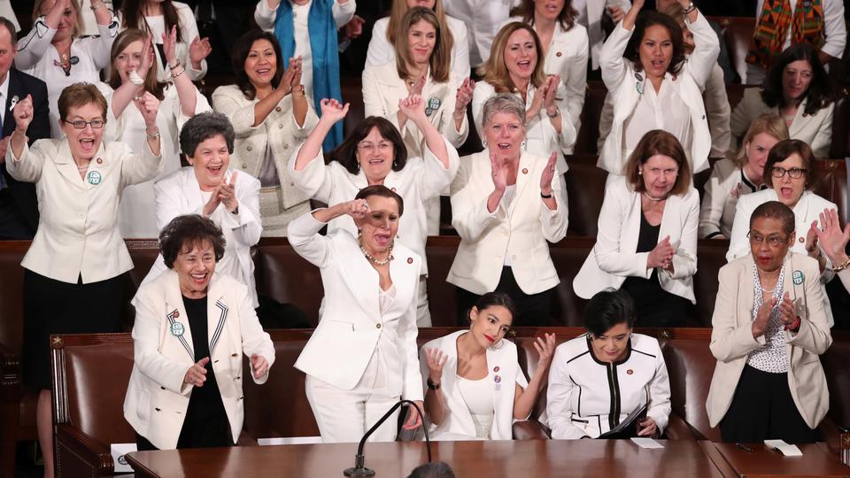 Democrat female members of Congress cheer after President Donald Trump said there are more women in Congress than ever before during his second State of the Union address to a joint session of Congress at the US Capitol in Washington, US February 5, 2019.