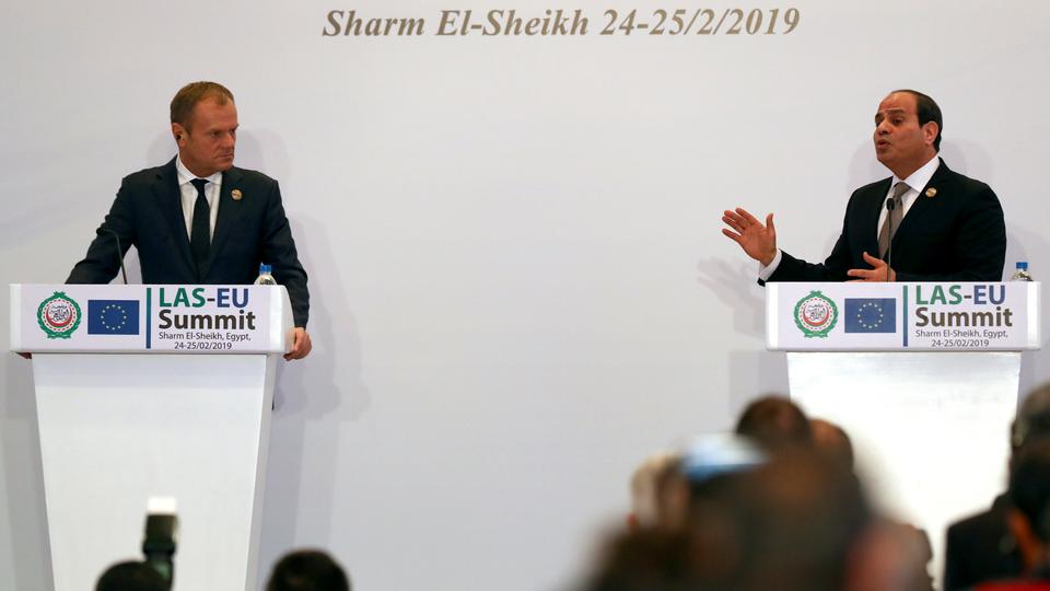 European Council President Donald Tusk and Abdel Fattah el Sisi, President of Egypt, attend a news conference during a summit between the Arab league and European Union member states, in the Red Sea resort of Sharm el Sheikh, Egypt, February 25, 2019.