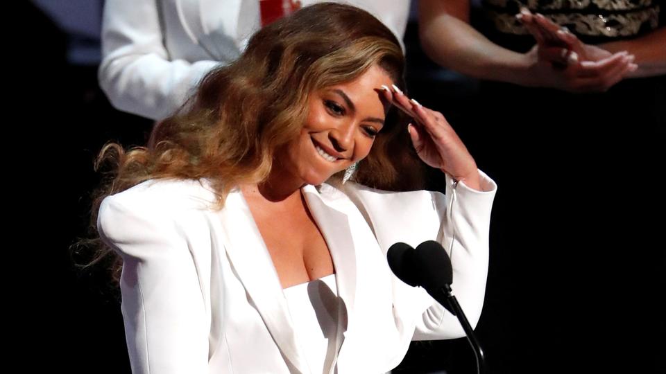 Beyonce reacts after winning the Entertainer of the Year award at the 50th annual NAACP Awards on March 30, 2019.