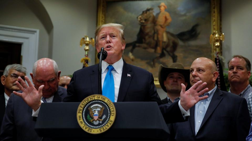 U.S. President Donald Trump speaks to reporters on a range of issues during an event devoted to 