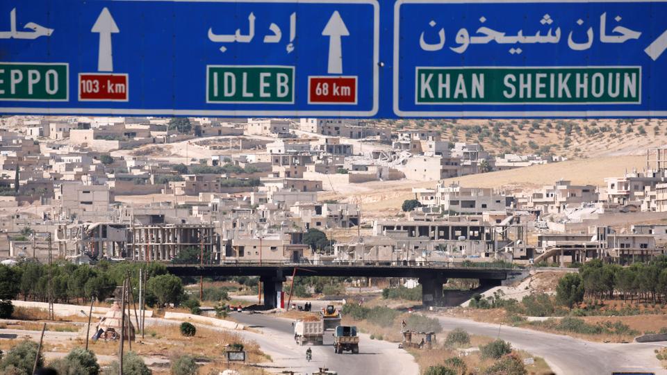 Road direction signs are pictured at the entrance en route to Khan Shaykhun, Idlib, Syria. August 24, 2019.