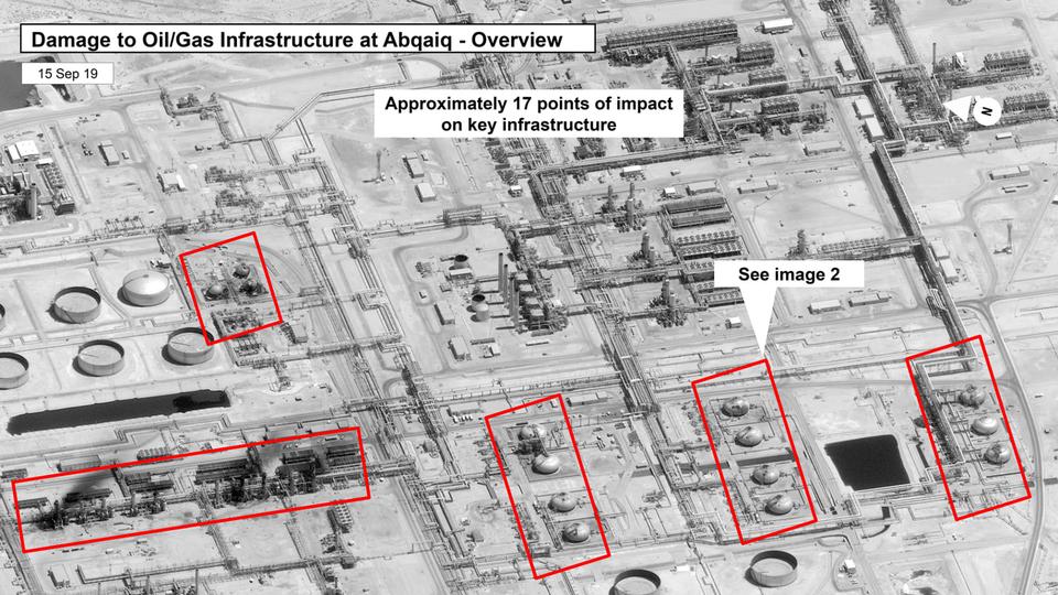This image provided on Sunday, Sept. 15, 2019, by the U.S. government and DigitalGlobe and annotated by the source, shows damage to the infrastructure at Saudi Aramco’s Abaqaiq oil processing facility in Buqyaq, Saudi Arabia.