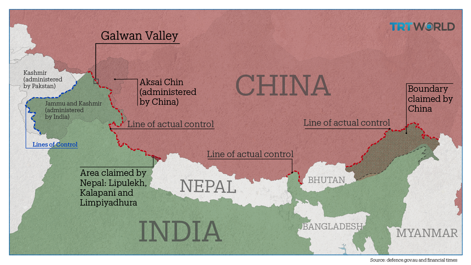 Competing border claims of China and India in the disputed Himalayan region.