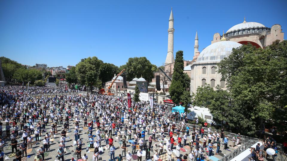 muslims perform first friday prayer at hagia sophia mosque in 86 years