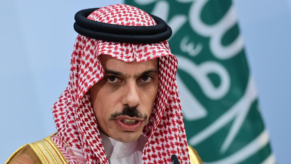Saudi Foreign Minister Prince Faisal bin Farhan al Saud attends a joint press conference with the German Foreign Minister in Berlin, on August 19, 2020.