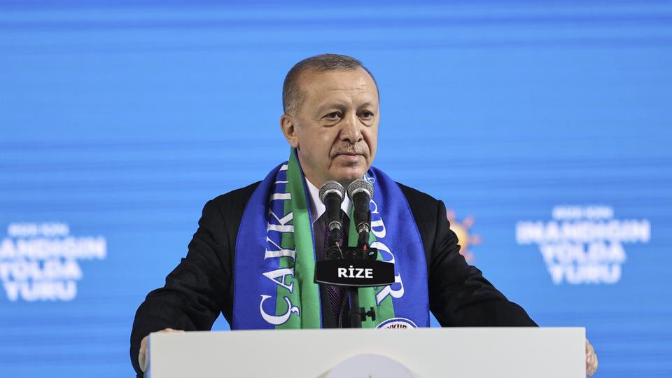 Turkey's President Recep Tayyip Erdogan makes a speech as he attends his governing party's 7th Ordinary Provincial Congress, in Rize, Turkey on February 15, 2021.