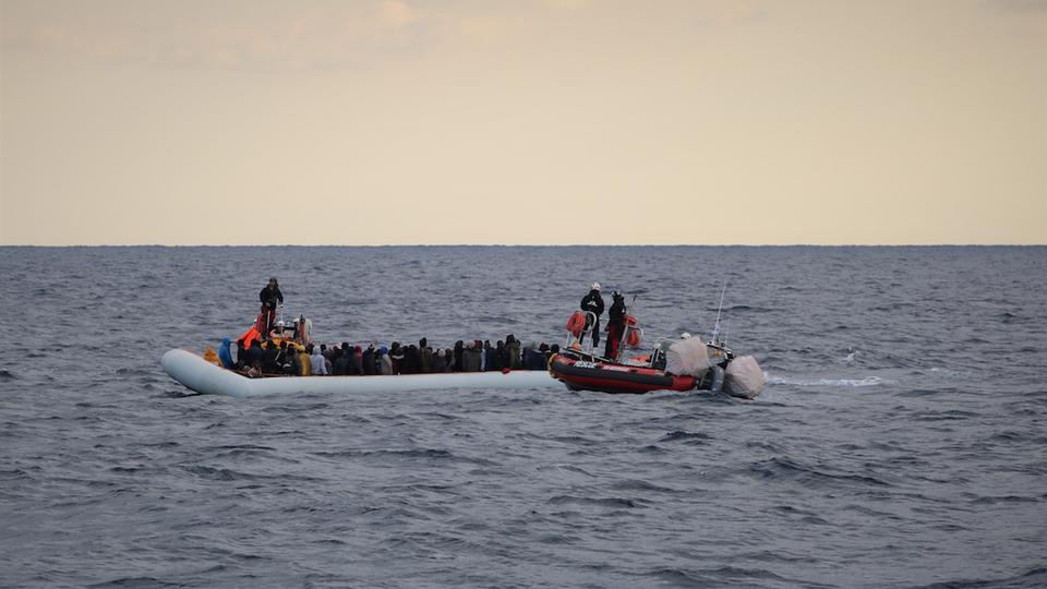 Migrants wearing lifejackets on a rubber dinghy are pictured during a rescue operation by the MSF-SOS Mediterranee run Ocean Viking rescue ship, off the coast of Libya in the Mediterranean Sea, February 18, 2020. Picture taken February 18, 2020.