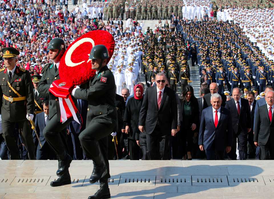 Turkish President Tayyip Erdogan attends a ceremony marking the 95th anniversary of Victory Day at the mausoleum of Mustafa Kemal Ataturk in Ankara, Turkey, August 30, 2017.