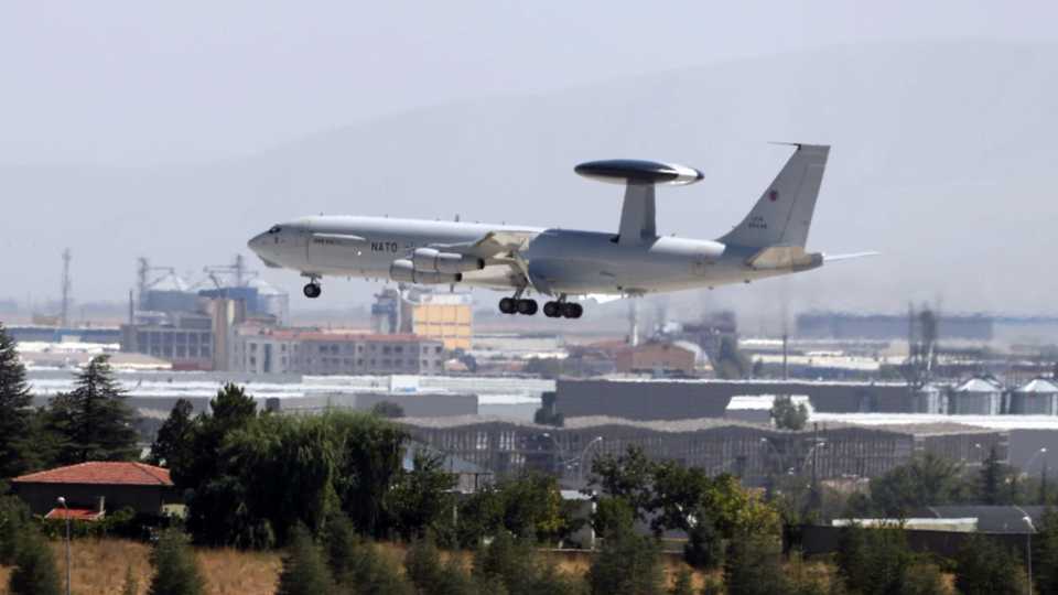 A North Atlantic Treaty Organization (NATO) Airborne Warning and Control Systems (AWACS) aircraft approaches to land at an air base on September 8, 2017 in Konya, which was being visited by German lawmakers. 