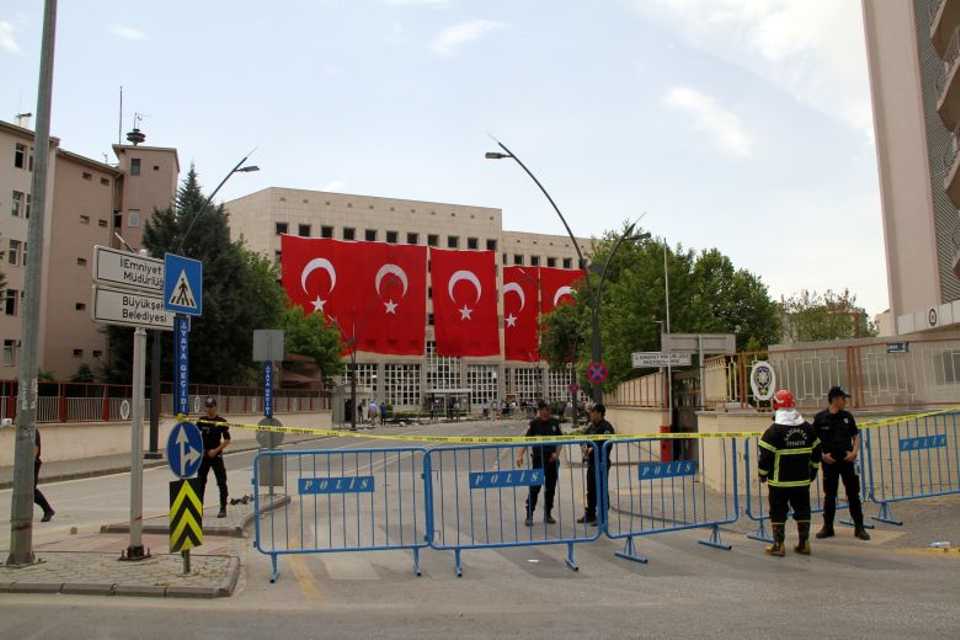 Photo shows Gaziantep police headquarters after a car bomb attack, Gaziantep, Turkey, May 1, 2016. 