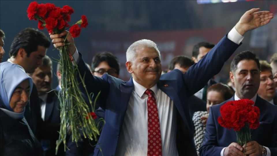 New chairman of Turkey's governing AK Party Binali Yildirim greets supporters at the Ankara Arena during the second extraordinary congress of AK Party in Ankara, Turkey on May 22, 2016.