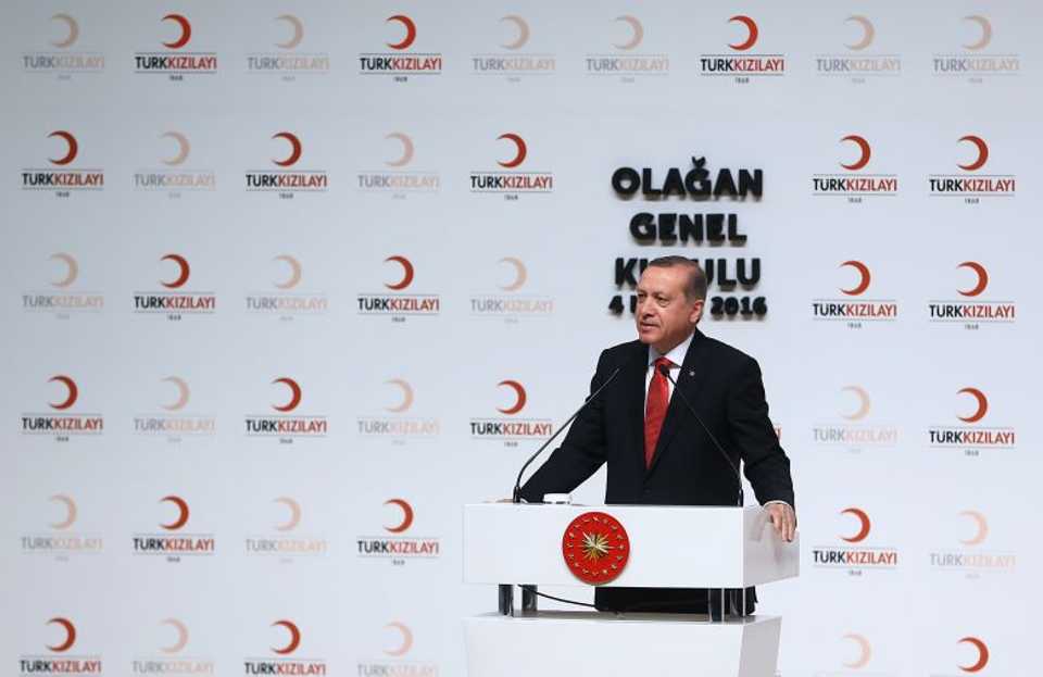 Turkish President Recep Tayyip Erdogan speaks at the Turkish Red Crescent ordinary general meeting at the ATO Congresium Center in Ankara, Turkey, on April 4, 2016.