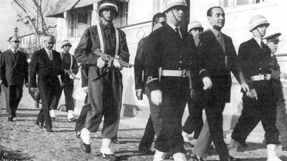 Democrat Party leader and then-Prime Minister Adnan Menderes is pictured walking to a military court for his trial after the May 27, 1960, coup.