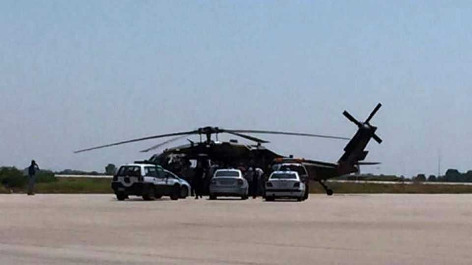 A Turkish military helicopter lands in the northern Greek city of Alexandroupolis with eight soldiers on board who have requested political asylum after the attempted coup in Turkey on July 16, 2016. 