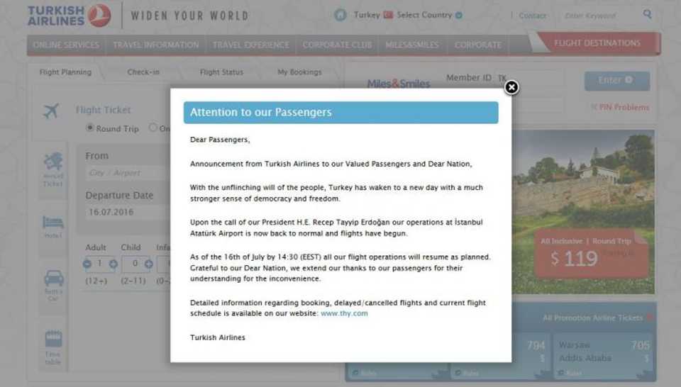A screenshot of a popup window on Turkish Airlines website.