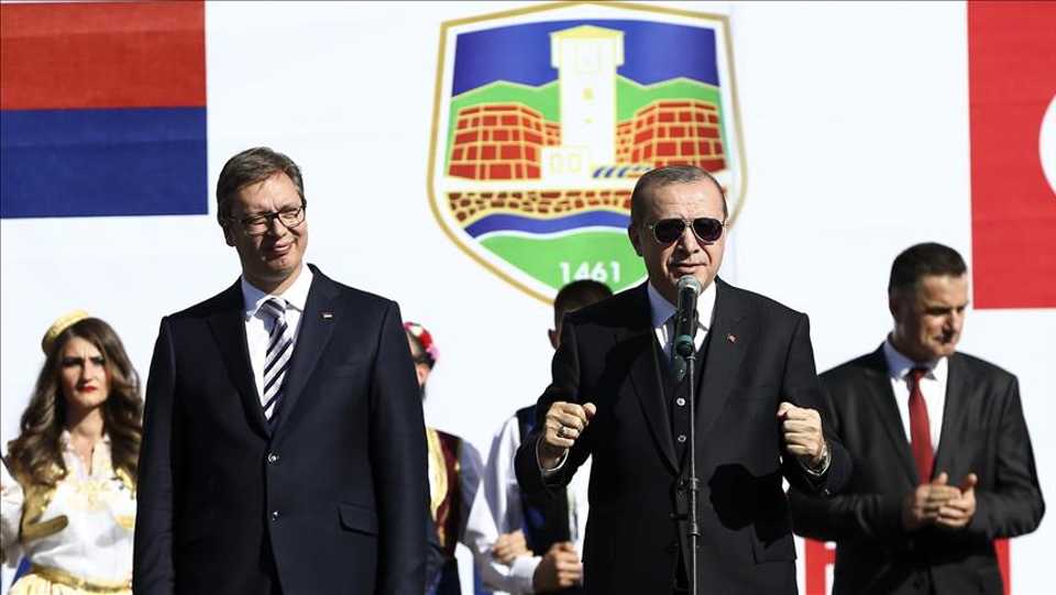 President of Turkey Recep Tayyip Erdogan delivers a speech as Serbian President Aleksandar Vucic (L) stand next to him during their visit to southern Muslim-majority city of Novi Pazar, Serbia on October 11, 2017.