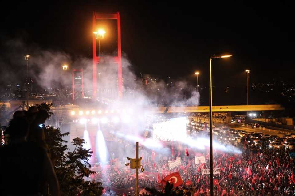 Thousands march towards Bosphorus Bridge to protest against failed military coup in Istanbul.