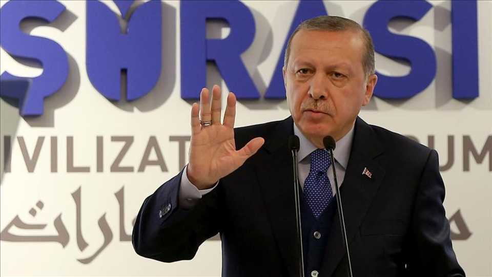 OCTOBER 21: President of Turkey Recep Tayyip Erdogan delivers a speech during the Civilizations Forum at Ibn Haldun University in Istanbul, Turkey on October 21, 2017.