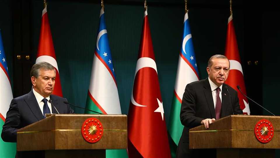 President of Turkey, Recep Tayyip Erdogan (R) and President of Uzbekistan Shavkat Mirziyoyev (L) hold a joint press conference after attending inter-delegations meeting at Presidential Complex in Ankara, Turkey on October 25, 2017. AA