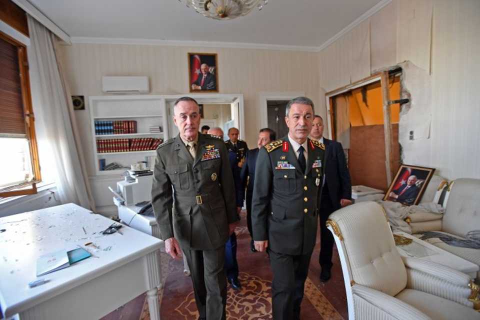 The Chairman of the Joint Chiefs of Staff of the United States, Joseph Dunford inspects the debris at Turkish Grand National Assembly with the Chief of the General Staff of the Turkish Armed Forces, Hulusi Akar, in Ankara, Turkey on August 01, 2016. 