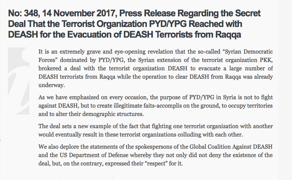 Turkish Foreign Ministery on Tuesday released a statement criticising a covert deal between DAESH and PYD/YPG terrorist groups in Raqqa.