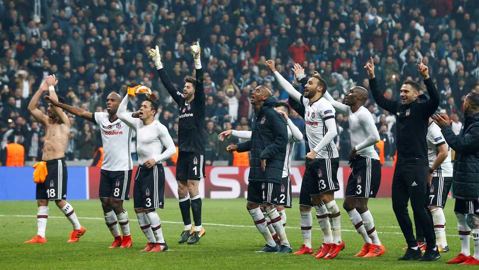 Besiktas players celebrate after the match against Porto at the Vodafone Arena in Istanbul, Turkey on November 21,2017.