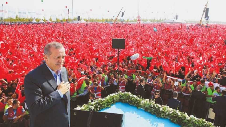 An archived image of President Recep Tayyip Erdogan at a rally in Yenikapi Square, Istanbul