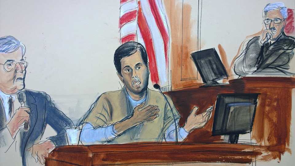 In a courtroom sketch, Turkish-Iranian gold trader Reza Zarrab (center) testifies before Judge Richard Berman (right) that he helped Iran to evade US economic sanctions with help from banker Mehmet Hakan Atilla, Wednesday, November 29, 2017.