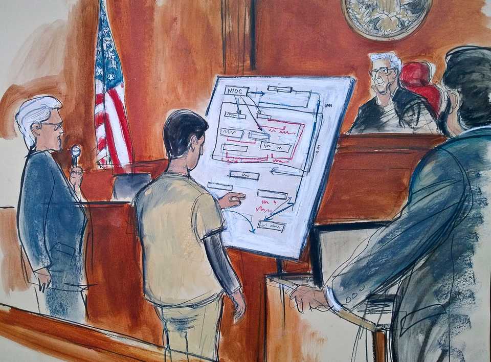 In a courtroom sketch Judge Richard Berman (second from right) and US Attorney Sidhardha Kamarju (far right) listen as Turkish-Iranian gold trader Reza Zarrab, second from left, with an unidentified interpreter (far left) describe a scheme using a diagram he drew, outlining how he helped Iran to evade US economic sanctions, Wednesday November 29, 2017.
